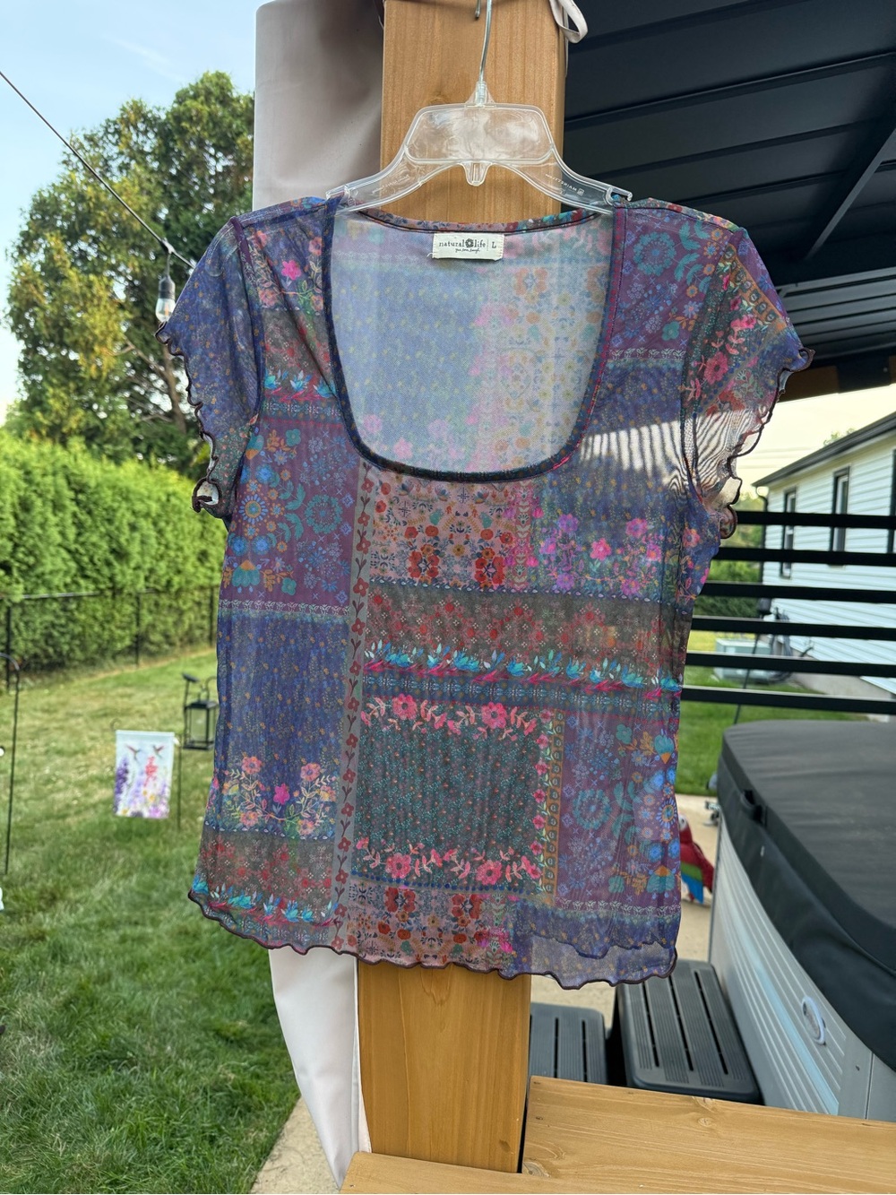 NATURAL LIFE Multicolor Floral Patchwork Scoop Neck Short Sleeve Top - Picture 6 of 11